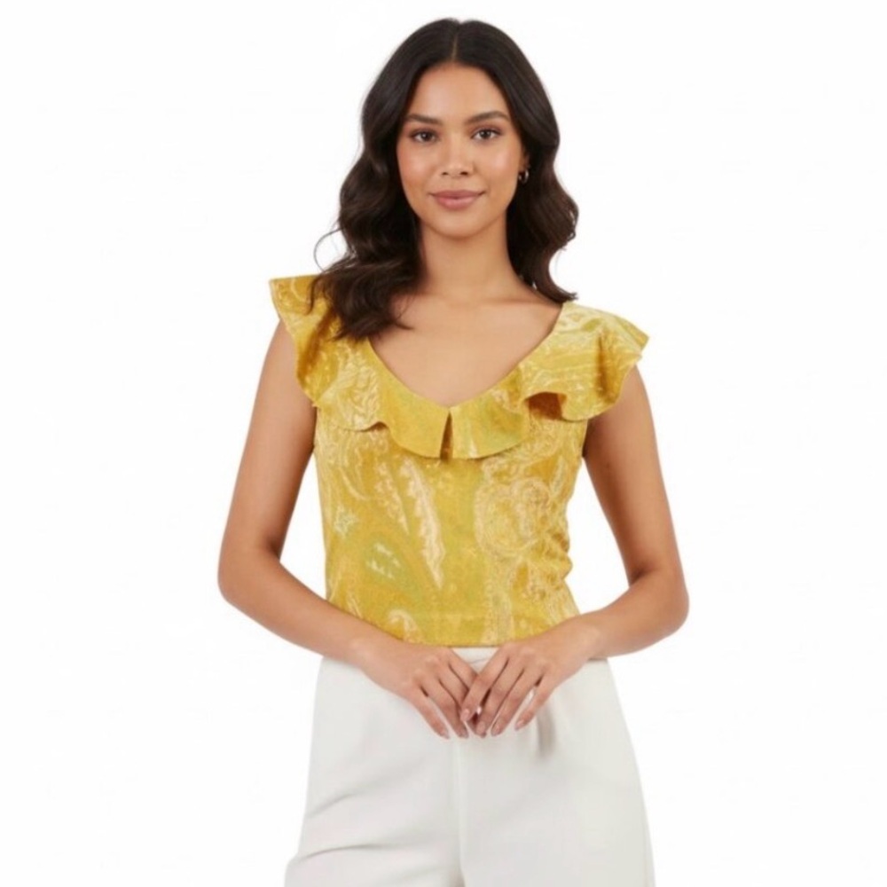 Zara yellow and green jacquard  Patterned Blouse